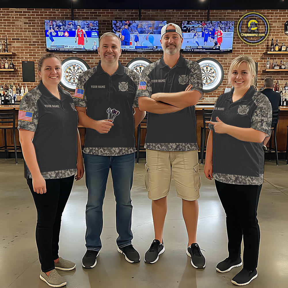 Personalized Retro Camo US Flag Darts Shirt For Men, Vintage Darts Team Jersey Polo & 1/4 Zip TDM8040