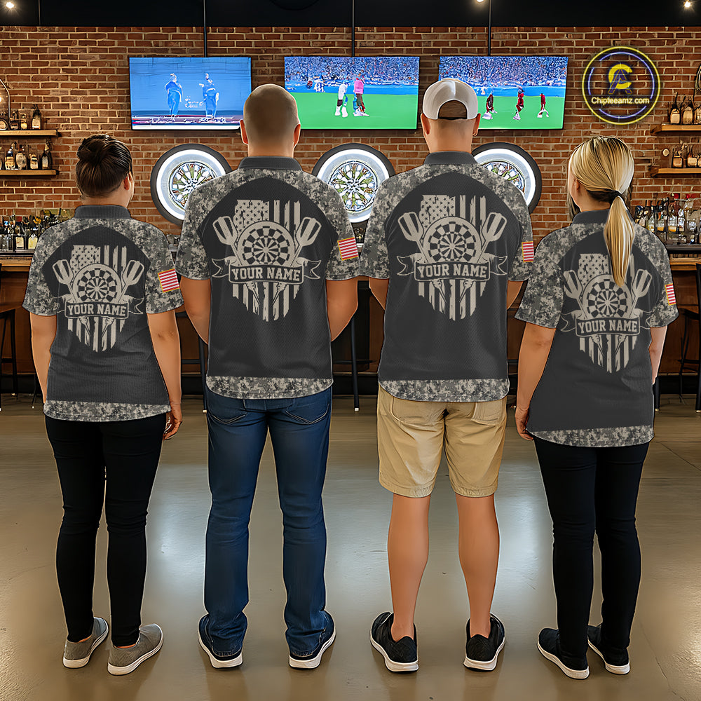 Personalized Retro Camo US Flag Darts Shirt For Men, Vintage Darts Team Jersey Polo & 1/4 Zip TDM8040