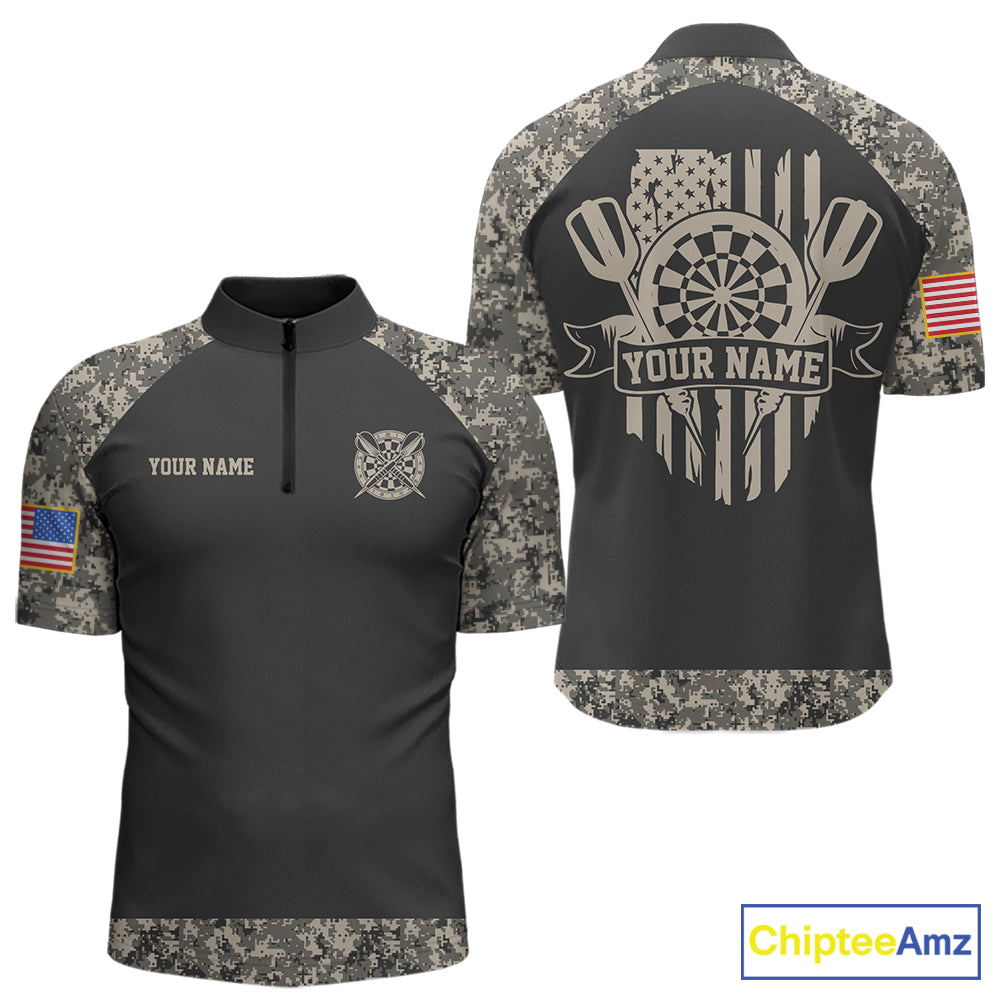 Personalized Retro Camo US Flag Darts Shirt For Men, Vintage Darts Team Jersey Polo & 1/4 Zip TDM8040