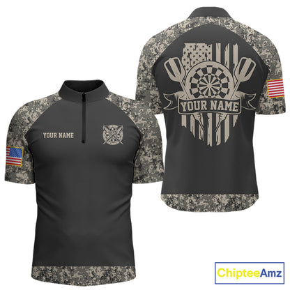 Personalized Retro Camo US Flag Darts Shirt For Men, Vintage Darts Team Jersey Polo & 1/4 Zip TDM8040