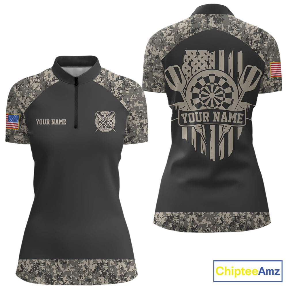 Personalized Retro Camo US Flag Darts Shirt For Women, Vintage Darts Team Jersey Polo & 1/4 Zip TDM8040