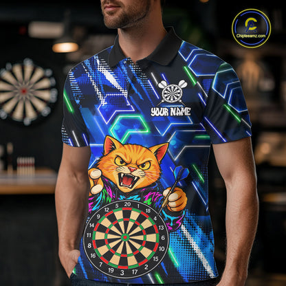 Blue Funny Cat Neon Darts Shirts For Men Custom Darts Team Jersey Polo & 1/4 Zip, Darts Gifts TDM8043