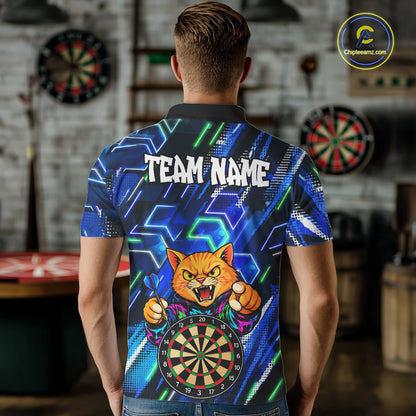 Blue Funny Cat Neon Darts Shirts For Men Custom Darts Team Jersey Polo & 1/4 Zip, Darts Gifts TDM8043