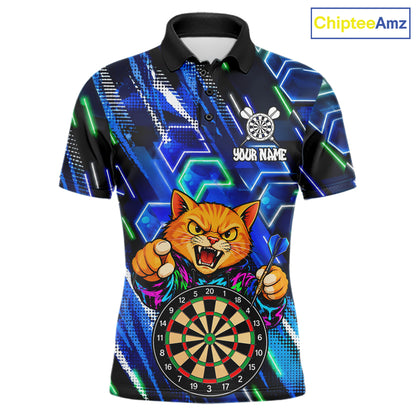 Blue Funny Cat Neon Darts Shirts For Men Custom Darts Team Jersey Polo & 1/4 Zip, Darts Gifts TDM8043
