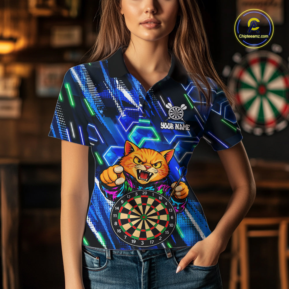 Blue Funny Cat Neon Darts Shirts For Women Custom Darts Team Jersey Polo & 1/4 Zip, Darts Gifts TDM8043