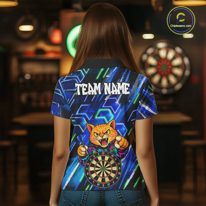 Blue Funny Cat Neon Darts Shirts For Women Custom Darts Team Jersey Polo & 1/4 Zip, Darts Gifts TDM8043