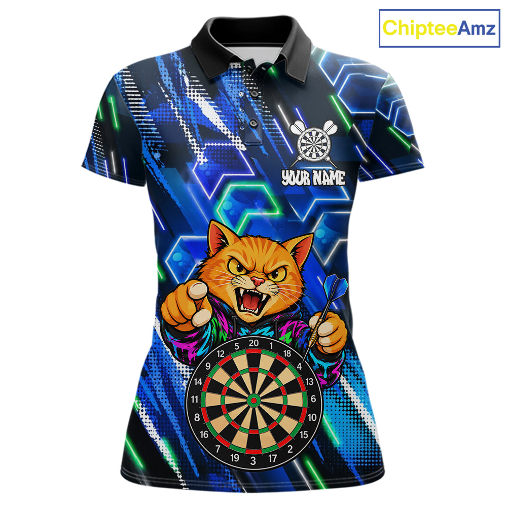 Blue Funny Cat Neon Darts Shirts For Women Custom Darts Team Jersey Polo & 1/4 Zip, Darts Gifts TDM8043