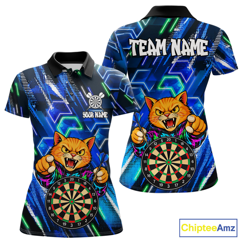 Blue Funny Cat Neon Darts Shirts For Women Custom Darts Team Jersey Polo & 1/4 Zip, Darts Gifts TDM8043