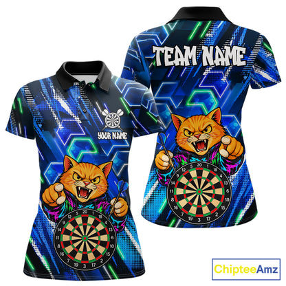 Blue Funny Cat Neon Darts Shirts For Women Custom Darts Team Jersey Polo & 1/4 Zip, Darts Gifts TDM8043