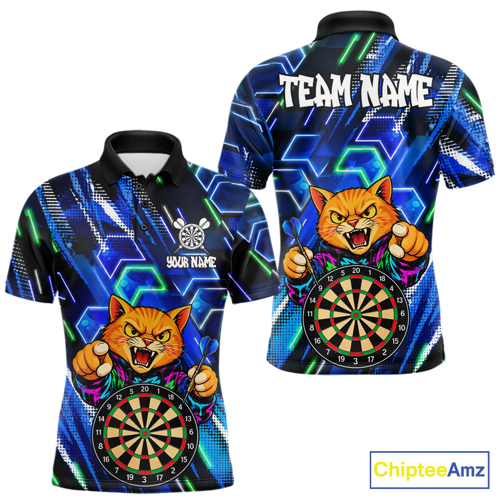 Blue Funny Cat Neon Darts Shirts For Men Custom Darts Team Jersey Polo & 1/4 Zip, Darts Gifts TDM8043