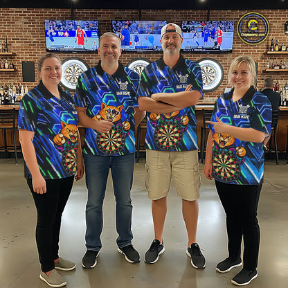 Blue Funny Cat Neon Darts Shirts For Men Custom Darts Team Jersey Polo & 1/4 Zip, Darts Gifts TDM8043