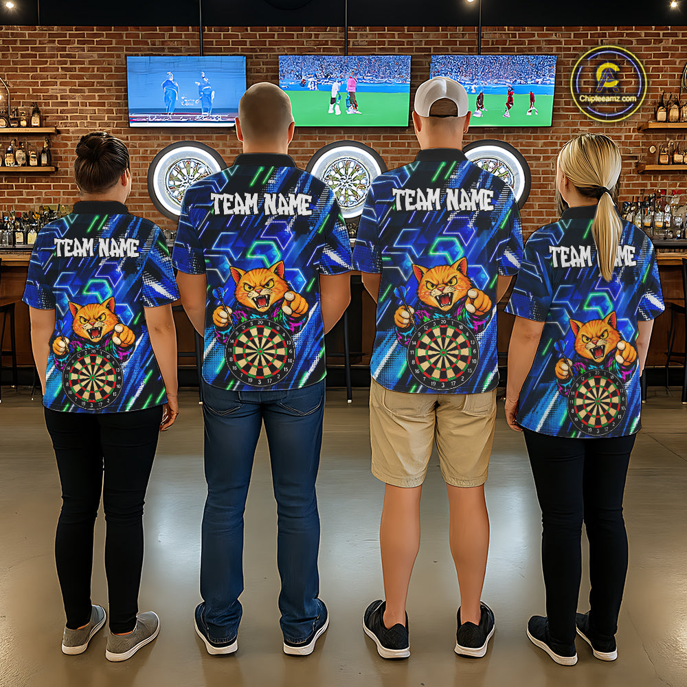 Blue Funny Cat Neon Darts Shirts For Men Custom Darts Team Jersey Polo & 1/4 Zip, Darts Gifts TDM8043
