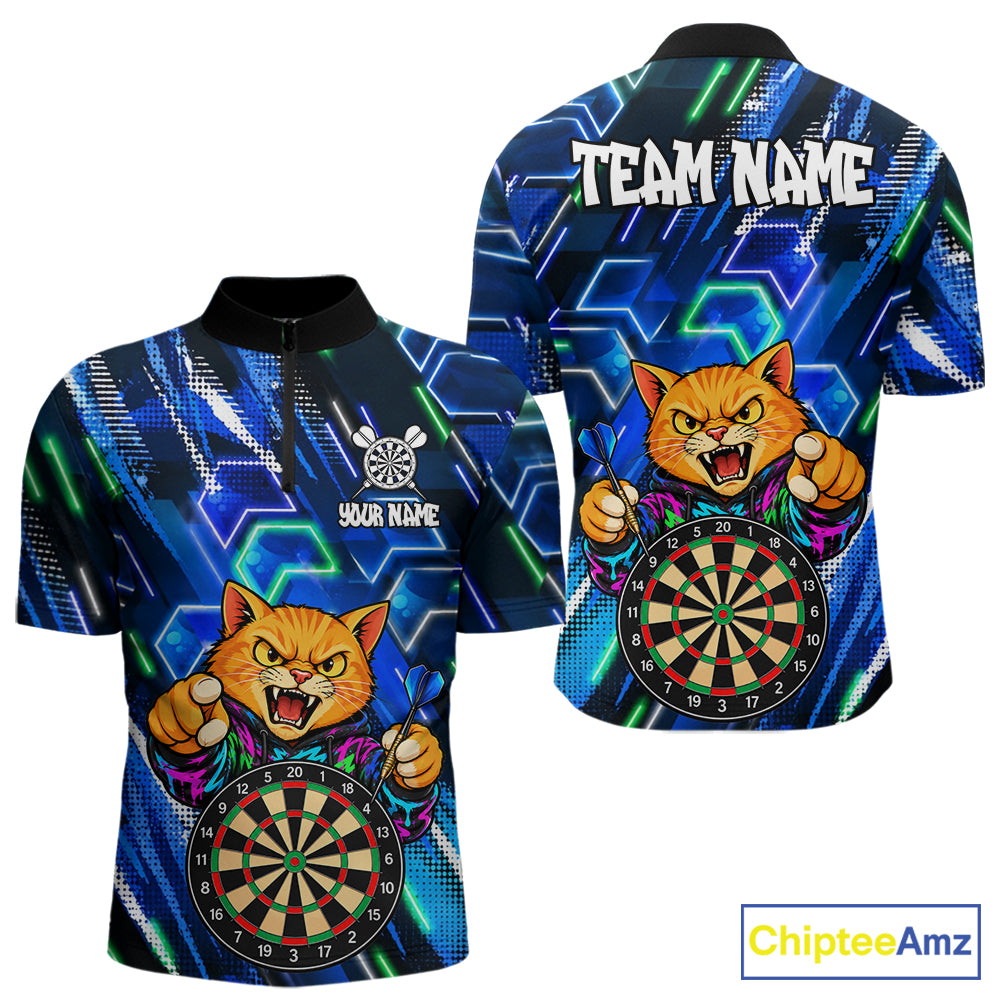 Blue Funny Cat Neon Darts Shirts For Men Custom Darts Team Jersey Polo & 1/4 Zip, Darts Gifts TDM8043