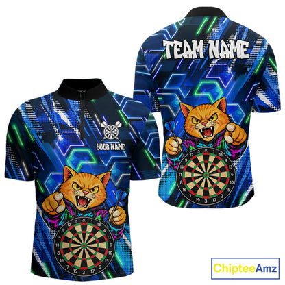 Blue Funny Cat Neon Darts Shirts For Men Custom Darts Team Jersey Polo & 1/4 Zip, Darts Gifts TDM8043
