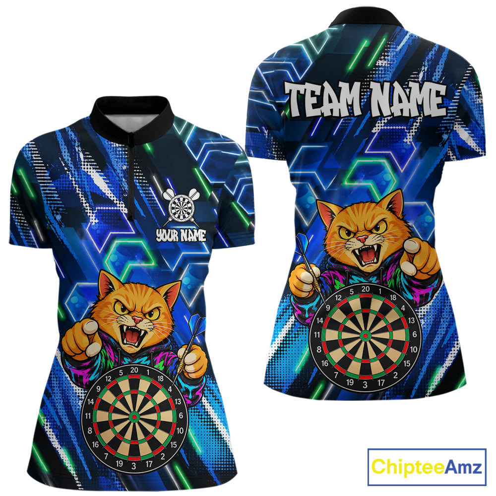 Blue Funny Cat Neon Darts Shirts For Women Custom Darts Team Jersey Polo & 1/4 Zip, Darts Gifts TDM8043