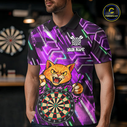 Purple Funny Cat Neon Darts Shirts For Men Custom Darts Team Jersey Polo & 1/4 Zip, Darts Gifts TDM8044