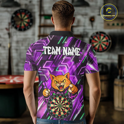 Purple Funny Cat Neon Darts Shirts For Men Custom Darts Team Jersey Polo & 1/4 Zip, Darts Gifts TDM8044