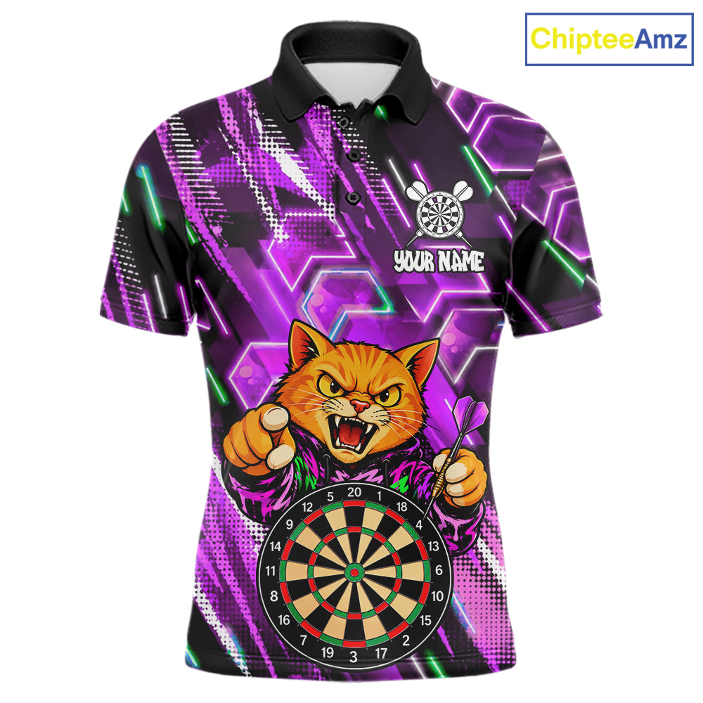 Purple Funny Cat Neon Darts Shirts For Men Custom Darts Team Jersey Polo & 1/4 Zip, Darts Gifts TDM8044