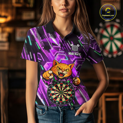Purple Funny Cat Neon Darts Shirts For Women Custom Darts Team Jersey Polo & 1/4 Zip, Darts Gifts TDM8044