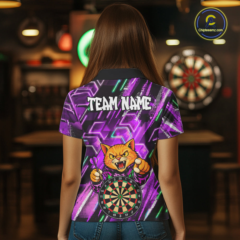 Purple Funny Cat Neon Darts Shirts For Women Custom Darts Team Jersey Polo & 1/4 Zip, Darts Gifts TDM8044