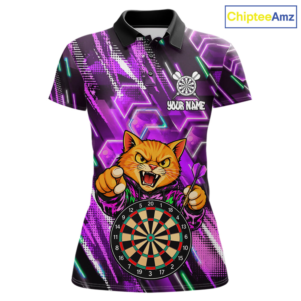 Purple Funny Cat Neon Darts Shirts For Women Custom Darts Team Jersey Polo & 1/4 Zip, Darts Gifts TDM8044