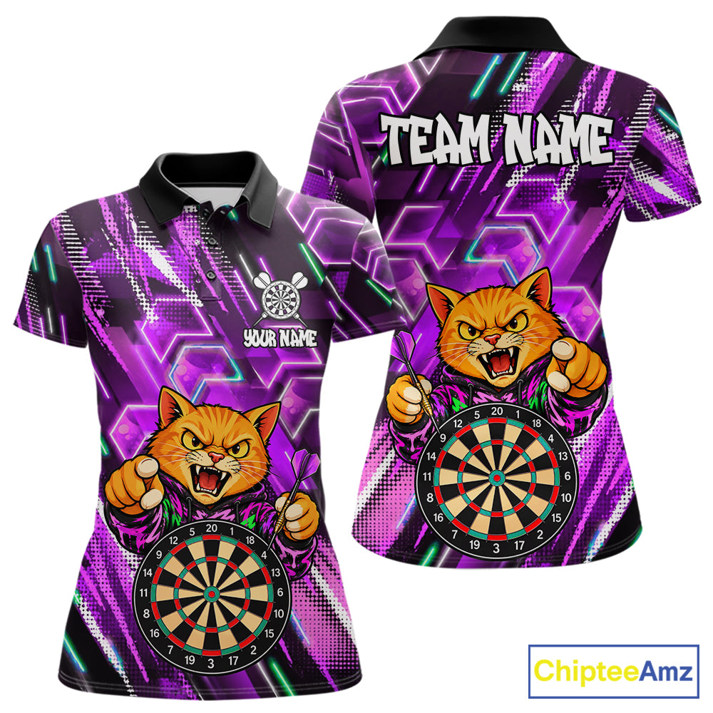 Purple Funny Cat Neon Darts Shirts For Women Custom Darts Team Jersey Polo & 1/4 Zip, Darts Gifts TDM8044