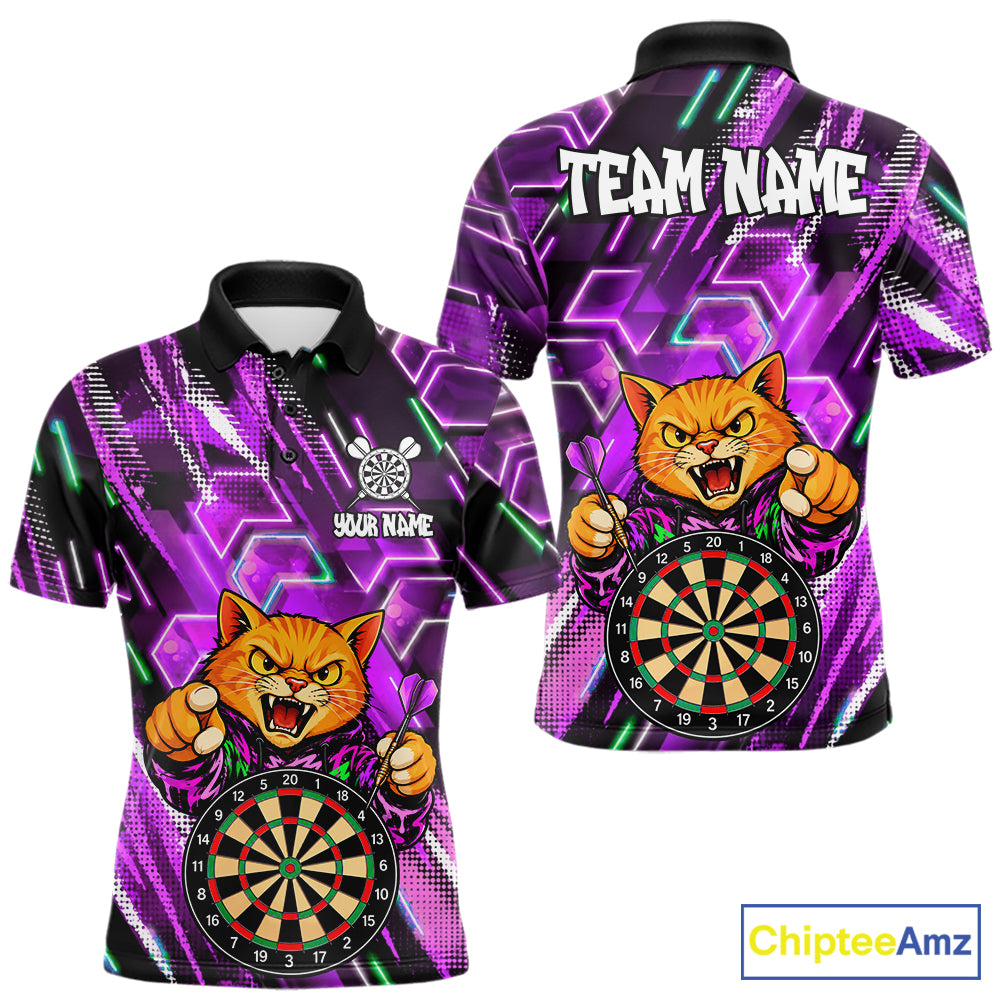 Purple Funny Cat Neon Darts Shirts For Men Custom Darts Team Jersey Polo & 1/4 Zip, Darts Gifts TDM8044