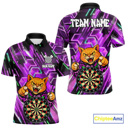 Purple Funny Cat Neon Darts Shirts For Men Custom Darts Team Jersey Polo & 1/4 Zip, Darts Gifts TDM8044