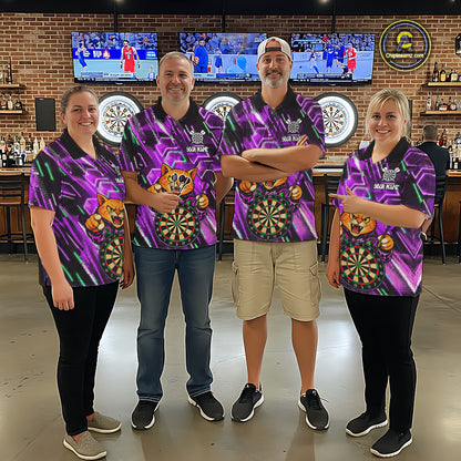 Purple Funny Cat Neon Darts Shirts For Men Custom Darts Team Jersey Polo & 1/4 Zip, Darts Gifts TDM8044
