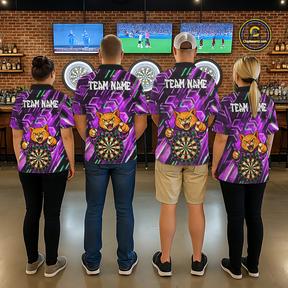 Purple Funny Cat Neon Darts Shirts For Men Custom Darts Team Jersey Polo & 1/4 Zip, Darts Gifts TDM8044