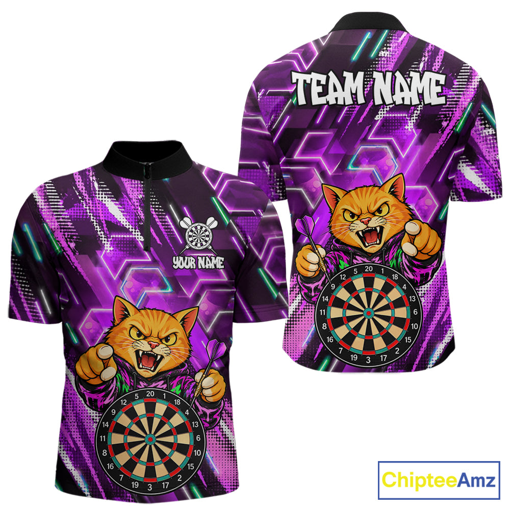 Purple Funny Cat Neon Darts Shirts For Men Custom Darts Team Jersey Polo & 1/4 Zip, Darts Gifts TDM8044