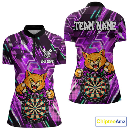 Purple Funny Cat Neon Darts Shirts For Women Custom Darts Team Jersey Polo & 1/4 Zip, Darts Gifts TDM8044