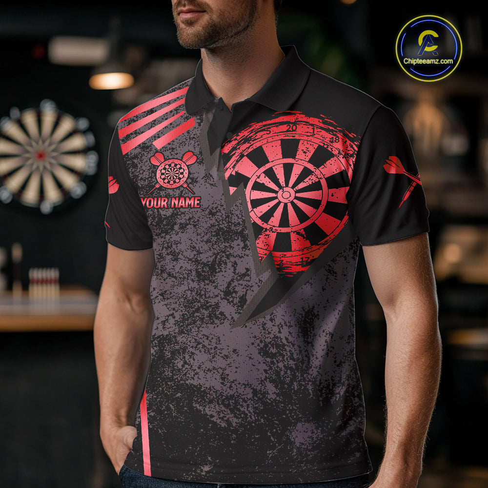 Personalized Red Grunge Dartboard Darts Polo, Quarter Zip Shirt For Men Custom Darts Team Jersey TDM8046