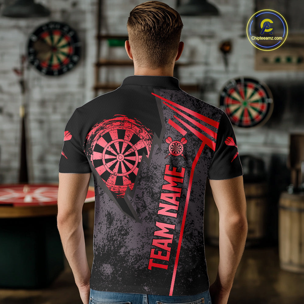 Personalized Red Grunge Dartboard Darts Polo, Quarter Zip Shirt For Men Custom Darts Team Jersey TDM8046