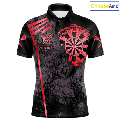 Personalized Red Grunge Dartboard Darts Polo, Quarter Zip Shirt For Men Custom Darts Team Jersey TDM8046