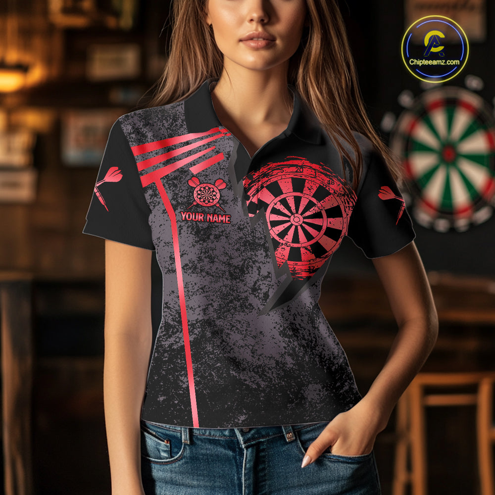 Personalized Red Grunge Dartboard Darts Polo, Quarter Zip Shirt For Women Custom Darts Team Jersey TDM8046