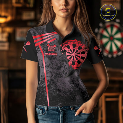 Personalized Red Grunge Dartboard Darts Polo, Quarter Zip Shirt For Women Custom Darts Team Jersey TDM8046