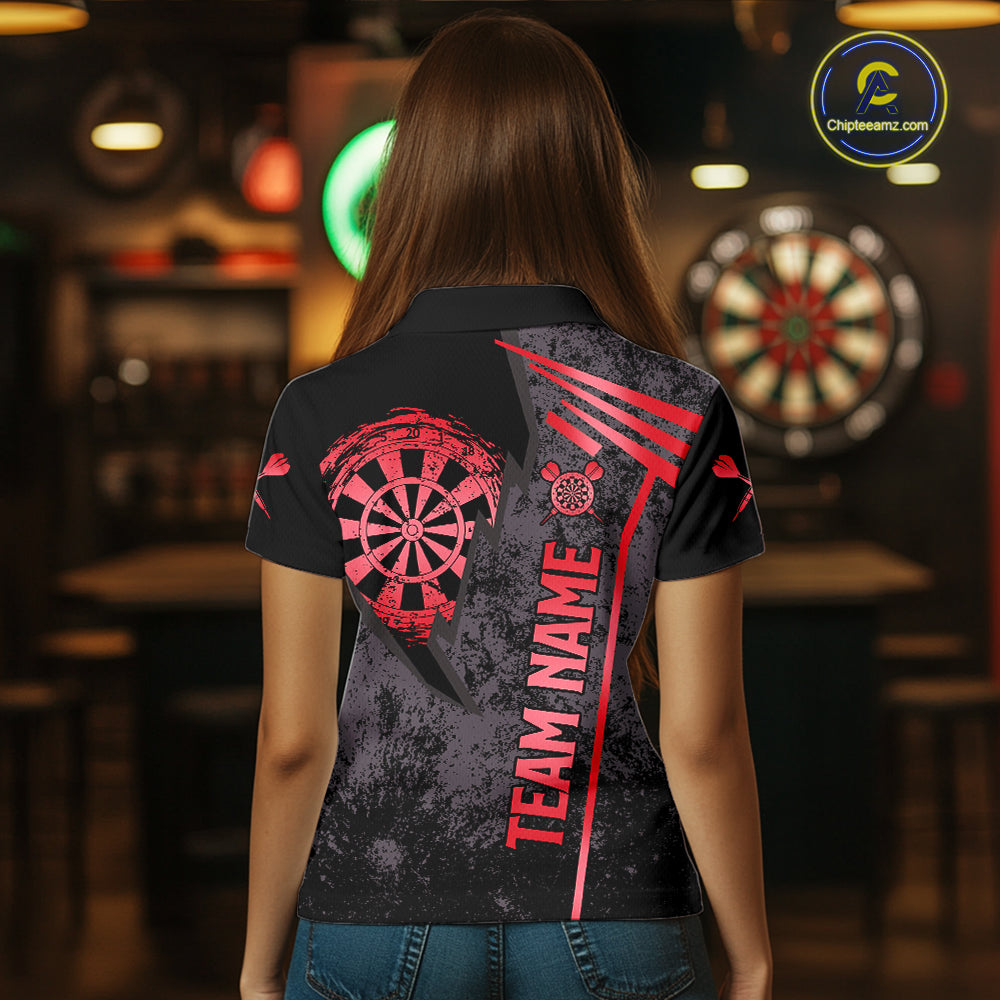 Personalized Red Grunge Dartboard Darts Polo, Quarter Zip Shirt For Women Custom Darts Team Jersey TDM8046