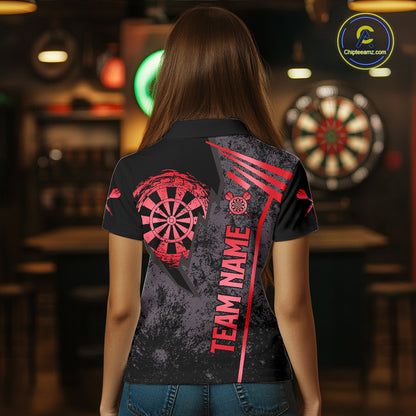 Personalized Red Grunge Dartboard Darts Polo, Quarter Zip Shirt For Women Custom Darts Team Jersey TDM8046