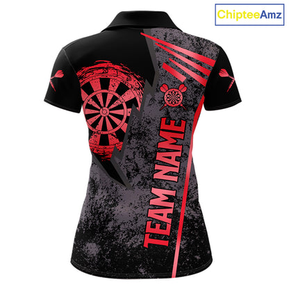 Personalized Red Grunge Dartboard Darts Polo, Quarter Zip Shirt For Women Custom Darts Team Jersey TDM8046