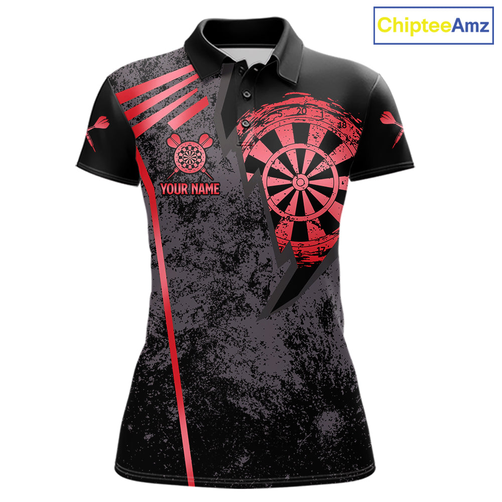 Personalized Red Grunge Dartboard Darts Polo, Quarter Zip Shirt For Women Custom Darts Team Jersey TDM8046