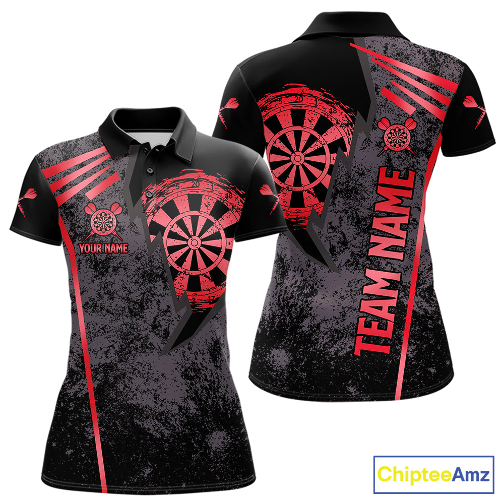 Personalized Red Grunge Dartboard Darts Polo, Quarter Zip Shirt For Women Custom Darts Team Jersey TDM8046