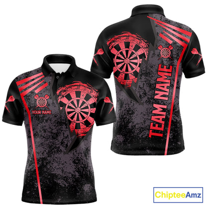Personalized Red Grunge Dartboard Darts Polo, Quarter Zip Shirt For Men Custom Darts Team Jersey TDM8046