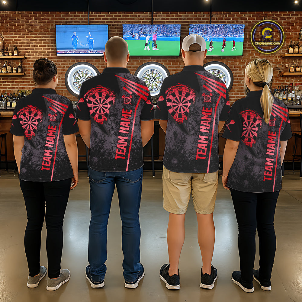 Personalized Red Grunge Dartboard Darts Polo, Quarter Zip Shirt For Men Custom Darts Team Jersey TDM8046