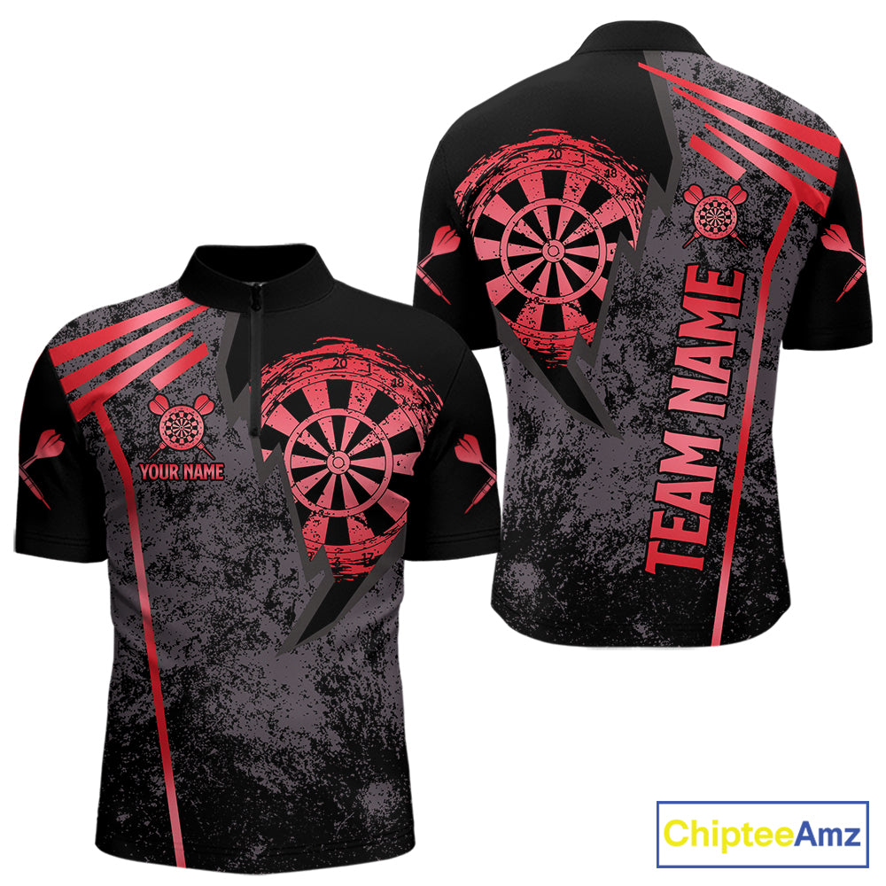 Personalized Red Grunge Dartboard Darts Polo, Quarter Zip Shirt For Men Custom Darts Team Jersey TDM8046