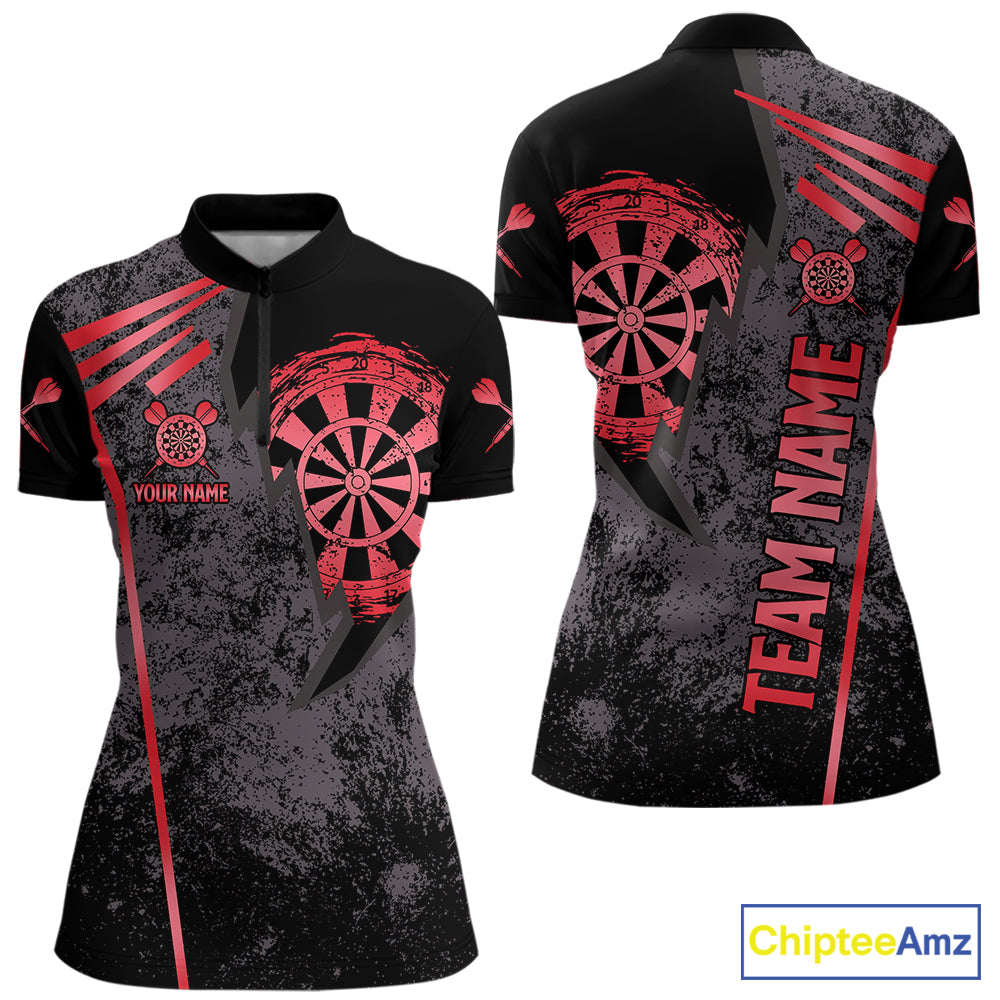 Personalized Red Grunge Dartboard Darts Polo, Quarter Zip Shirt For Women Custom Darts Team Jersey TDM8046