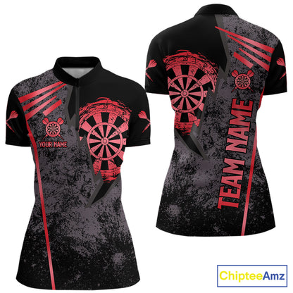 Personalized Red Grunge Dartboard Darts Polo, Quarter Zip Shirt For Women Custom Darts Team Jersey TDM8046