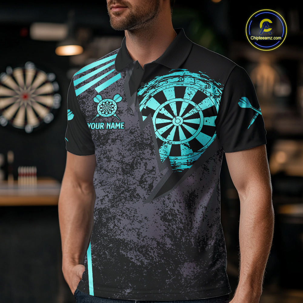 Personalized Teal Grunge Dartboard Darts Polo, Quarter Zip Shirt For Men Custom Darts Team Jersey TDM8047