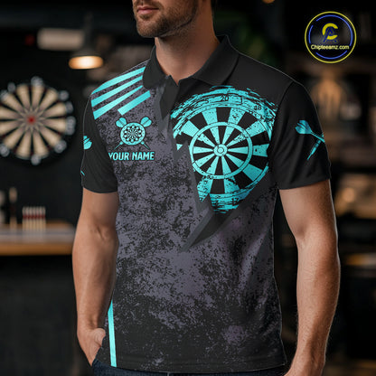 Personalized Teal Grunge Dartboard Darts Polo, Quarter Zip Shirt For Men Custom Darts Team Jersey TDM8047