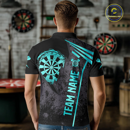 Personalized Teal Grunge Dartboard Darts Polo, Quarter Zip Shirt For Men Custom Darts Team Jersey TDM8047